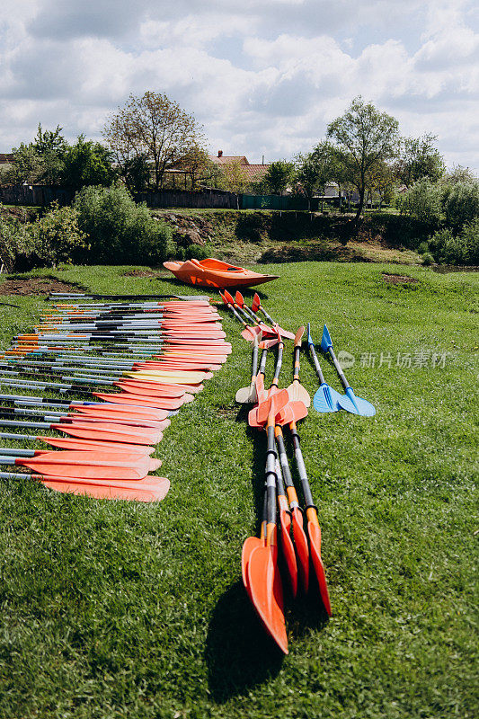在泛舟之前，许多独木舟的桨在草地上排成一排