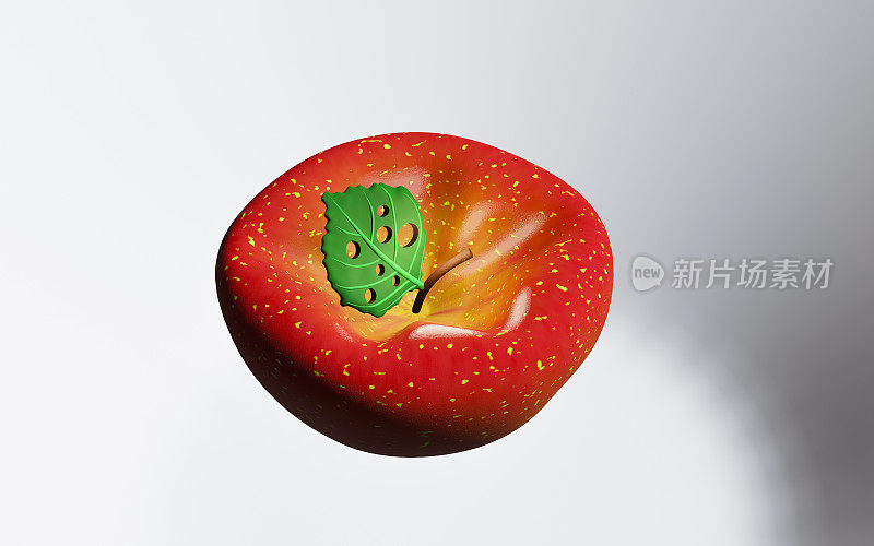 一只变形的红苹果落在白色盘子里