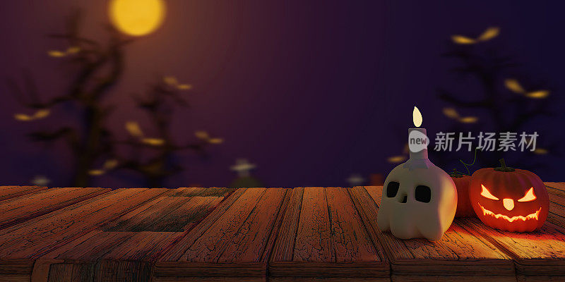 万圣节派对头骨与蜡烛在木桌与闹鬼的城堡背景。3d渲染图