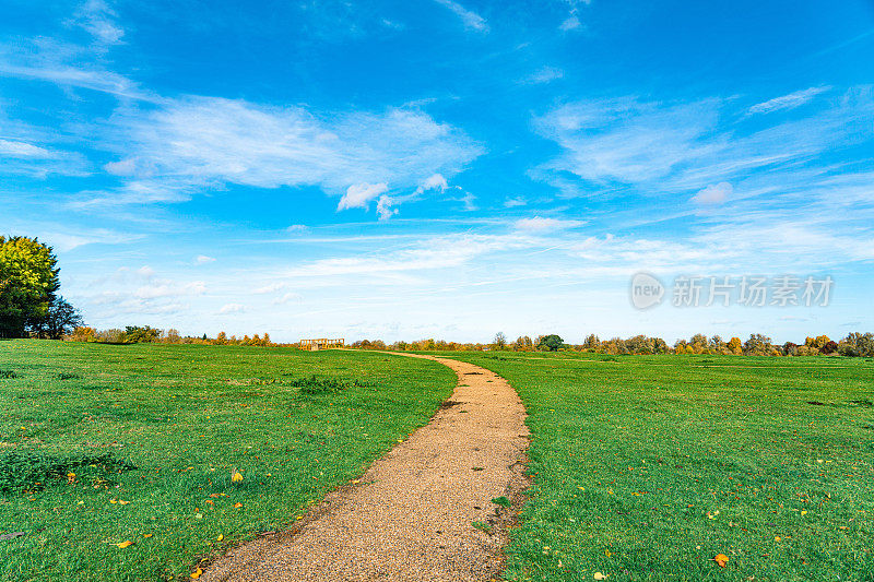 乡村景观与蜿蜒的农场道路穿过田野和森林