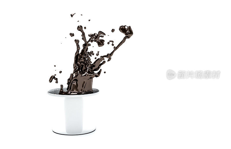 在白色背景的3d插图上泼洒热巧克力
