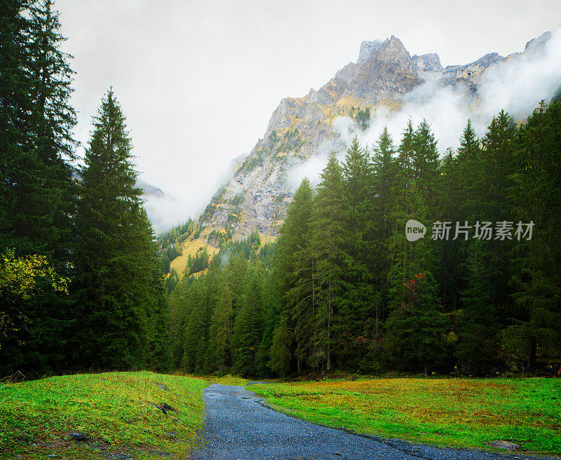 通往瑞士阿尔卑斯山脉的山道雾雨连绵