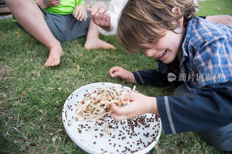 孩子在学校外面观察瓢虫