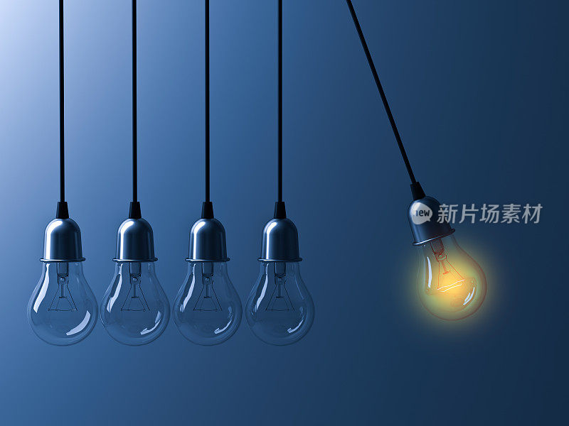 一个悬挂的灯泡发光不同，从没有照明的白炽灯泡像牛顿摇篮在深蓝色的背景，领导和不同的商业创意概念3D渲染