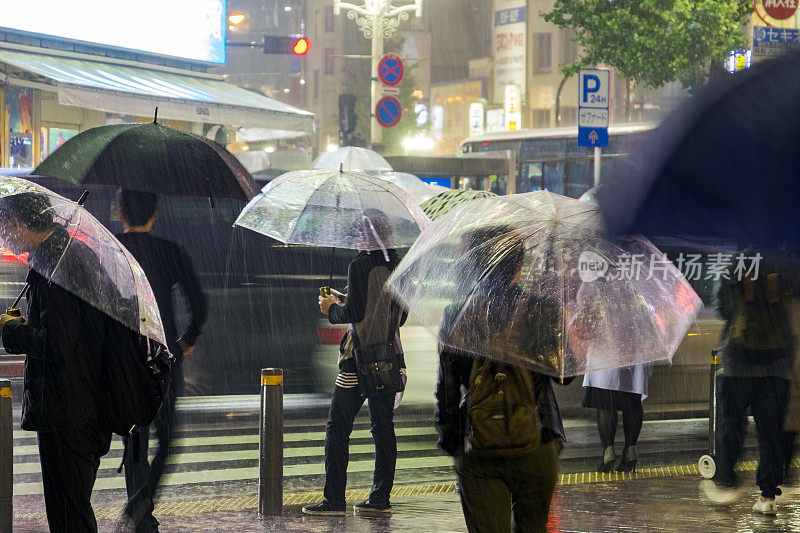雨中的城市:在东京繁忙的街道上，人们在倾盆大雨中撑着雨伞