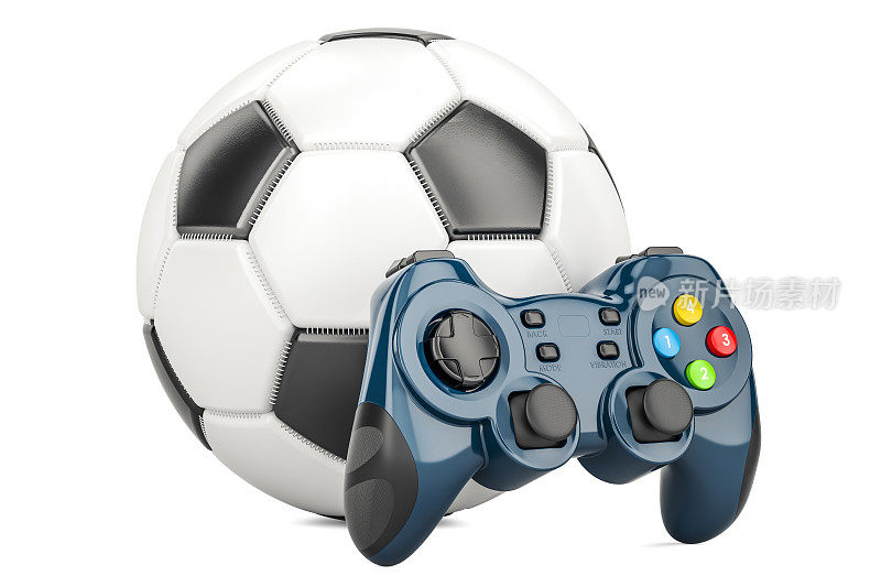 足球，电子游戏概念。带有手柄的足球，3D渲染