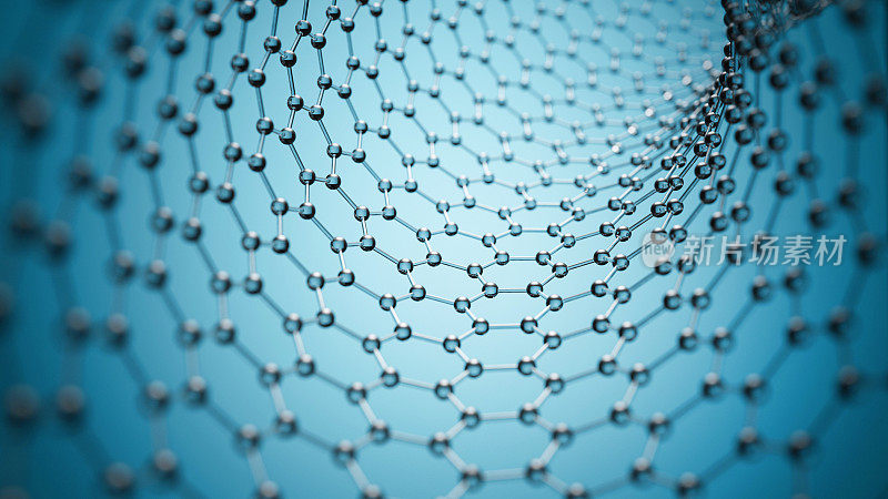 石墨烯分子网格、石墨烯原子结构概念、六角形几何形态、纳米技术背景3d渲染