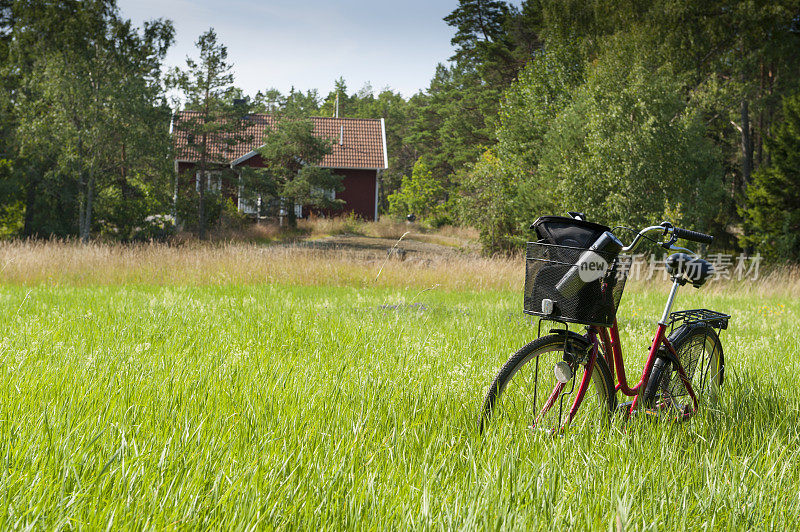 在草地上骑自行车，后面是农舍