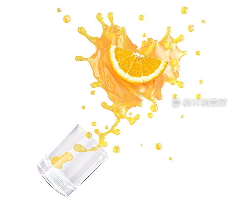 橙汁溅成心形。从玻璃杯中溅出的果汁——柑桔汁、橙汁、柠檬汁。情人节心的设计元素概念。