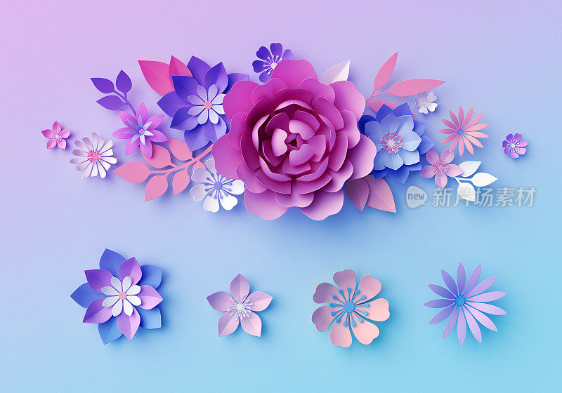 3d渲染，数字插图，装饰纸花孤立在粉红色，花卉剪辑艺术，束，花束，彩色植物墙纸，贺卡模板，最小的背景