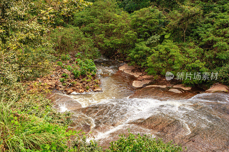 帕拉尼山，泰米尔纳德邦，印度——一条山间溪流流过路边的一些花岗岩