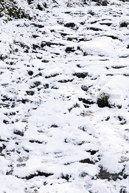 冬末春初降雪后潮湿泥泞的徒步路线