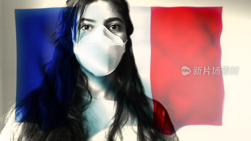 冠状病毒2019-nCov背景概念耐心地戴上法国国旗覆盖的防护面具。