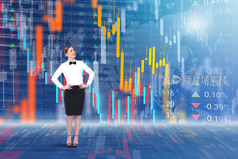 商业女性虚拟界面的股票市场数据背景