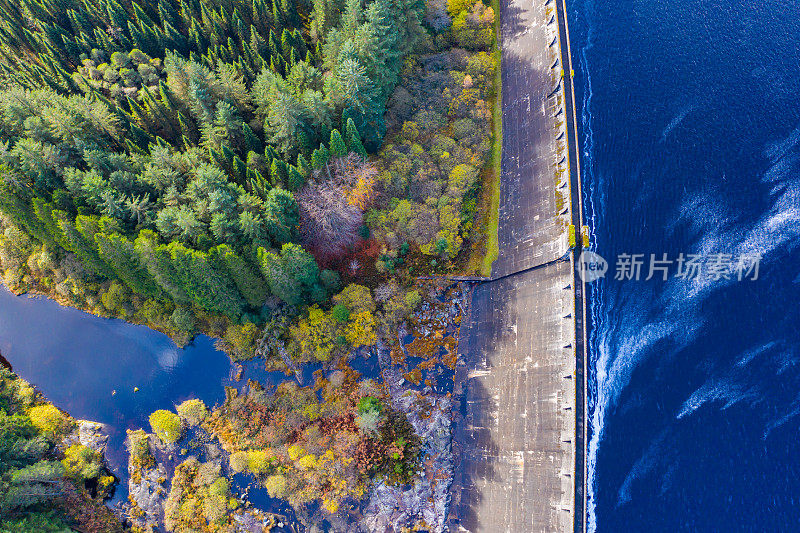 林地的鸟瞰图，在苏格兰西南部的邓弗里斯和加洛威湖的大坝后面生长