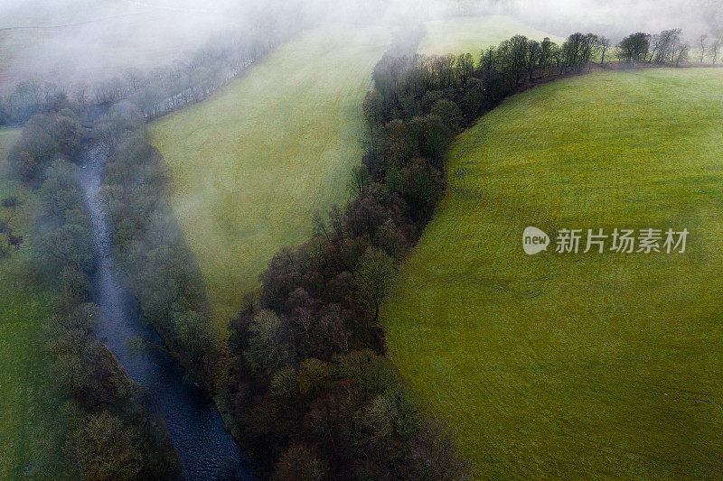 在苏格兰西南部的邓弗里斯和加洛韦，一个雾蒙蒙的早晨，无人机拍摄的河边树木