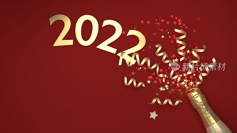 圣诞新年贺卡红色背景与黄金闪光饰品和香槟瓶与2022标题