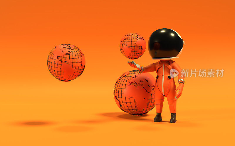 卡通宇航员或宇航员在橙色背景下介绍太空
