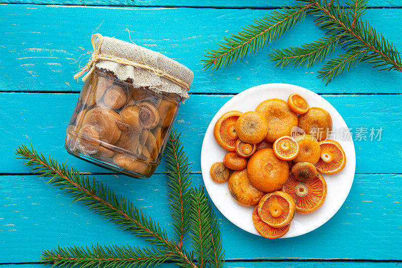 腌蘑菇橙奶帽或假藏红花奶帽，乳鼠菇在玻璃罐和新鲜采摘的蘑菇盘，蓝色木板背景。平的观点。