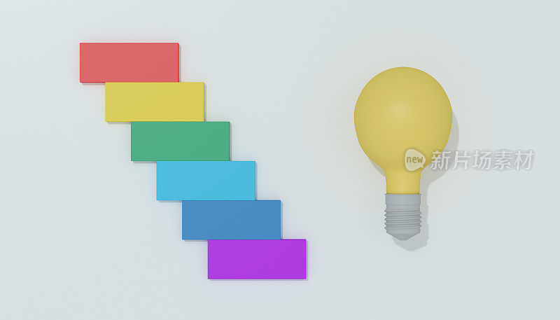 梯子通向创造力和新想法。灯泡3d概念