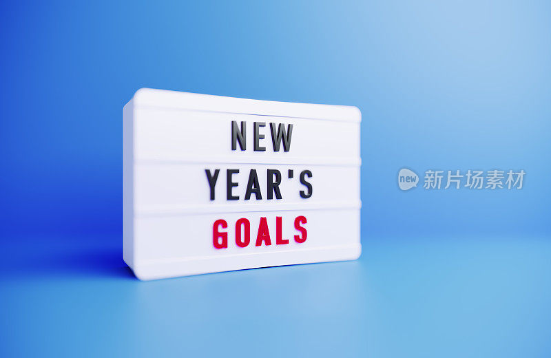 新年目标写在蓝色背景上的白色灯箱