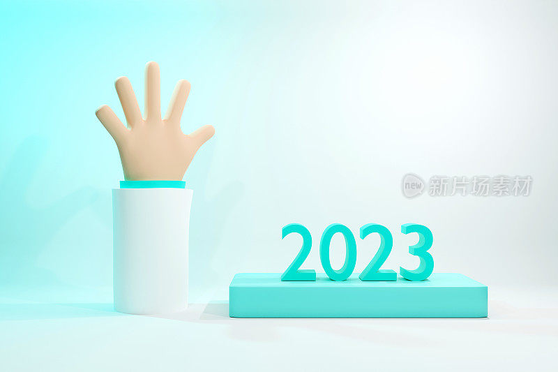 健康医疗理念，2023年新年，卡通医生手，彩色背景上的2023数字