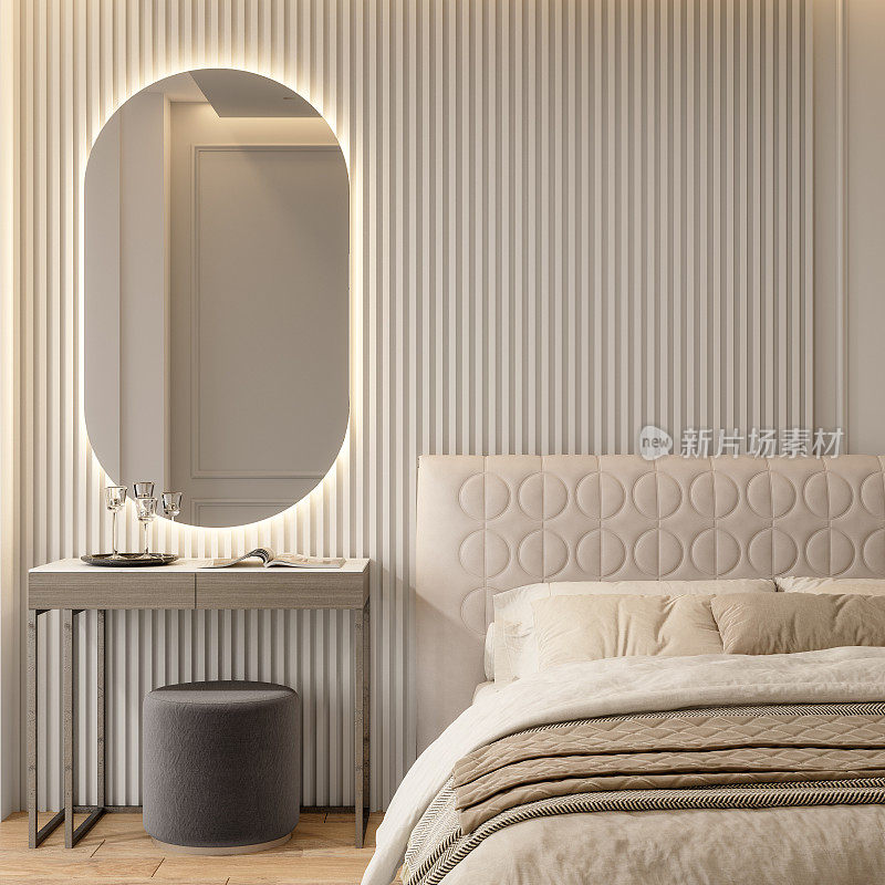 现代卧室室内设计。豪华的家庭卧室，空白墙背景。
