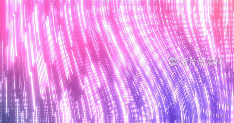 抽象的紫色多色发光飞行线条纹发光点和能量粒子抽象迪斯科背景