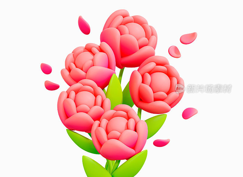 3D粉色玫瑰花束。春天的花。国际妇女节和母亲节。有叶子和花瓣的牡丹。卡通创意设计图标孤立的白色背景。三维渲染