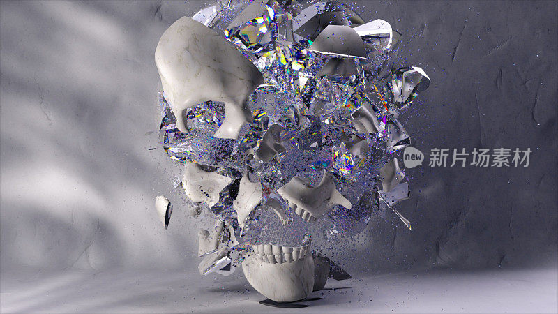 抽象的概念。白色的头骨碎成了许多钻石碎片。缓慢的运动。白色背景。