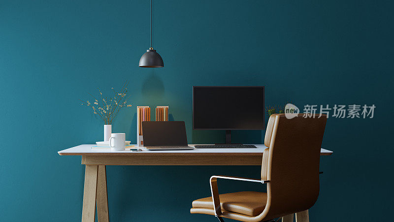 办公室办公桌背景与简单的墙壁，3d渲染