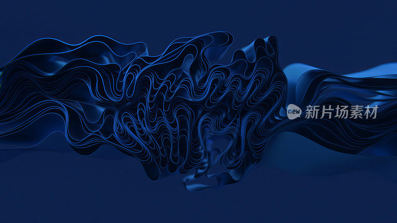 深蓝色的波浪和漩涡创造了一个宁静而流畅的抽象设计，在这个3d插图中唤起了海洋的深度