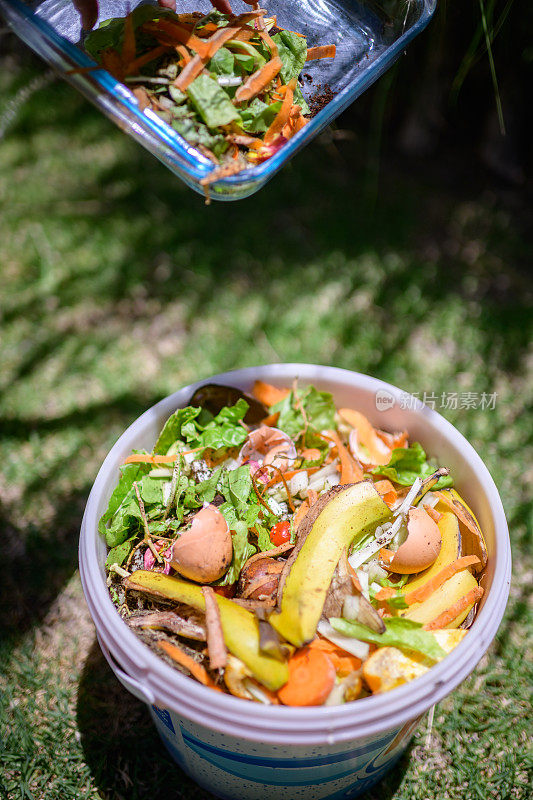 剩余的蔬菜和食物垃圾准备在户外堆肥容器中回收