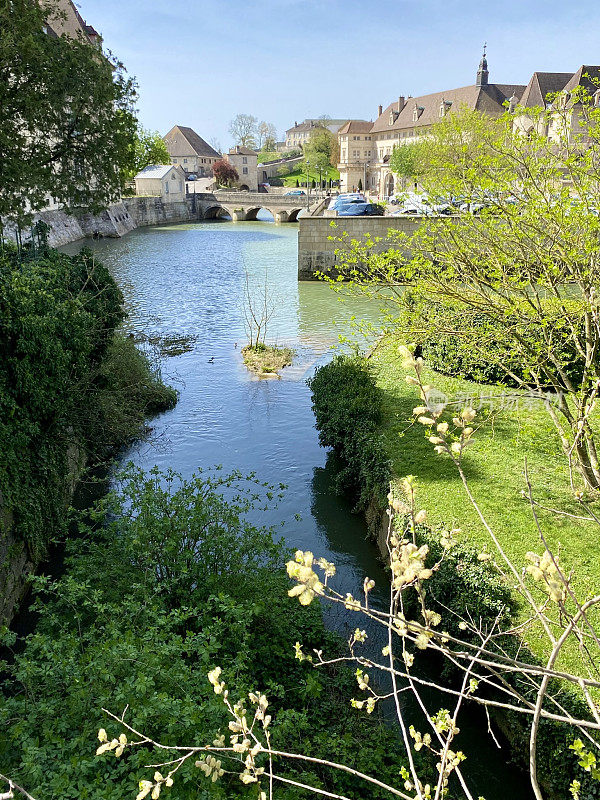 法国-多尔村-建筑的老城区和水道与绿色的水