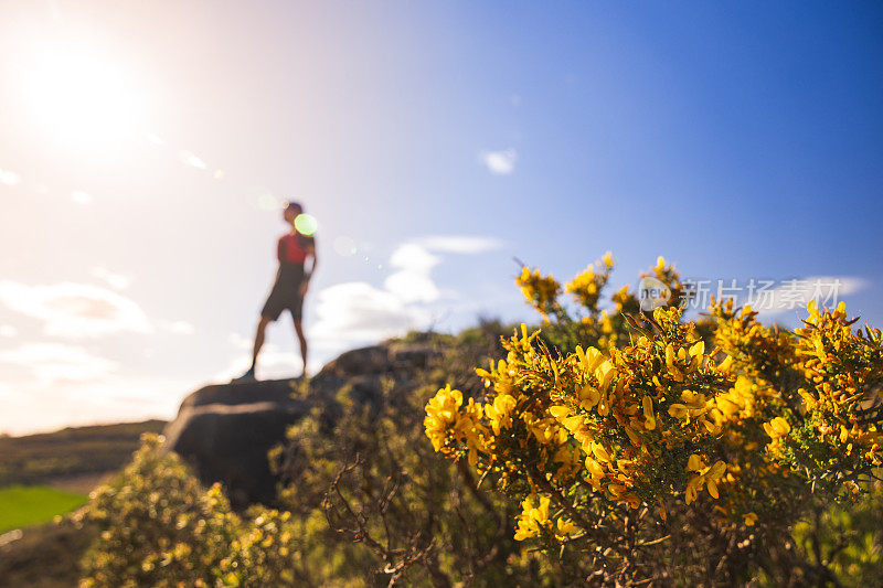 一名越野跑运动员胜利地站在一块崎岖的岩石上。健康生活理念。