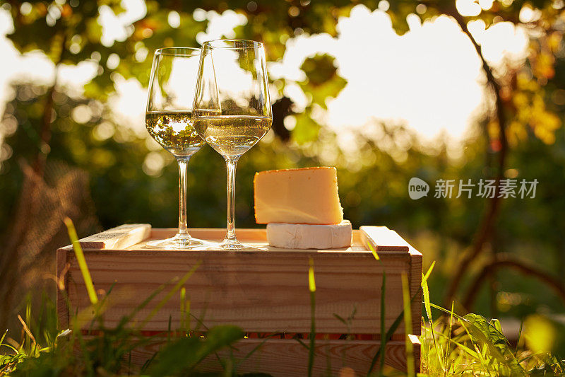 两杯加奶酪的白葡萄酒放在木箱上