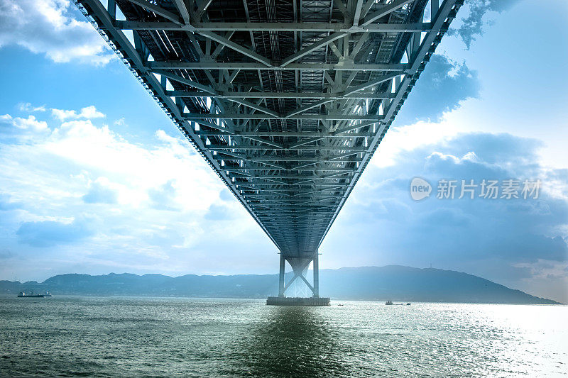 日本明石海峡大桥桥下吊桥，横跨濑户内海，从淡路岛到神户