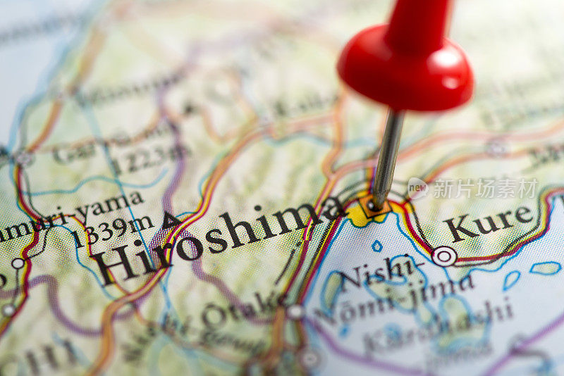 广岛在地图上用红色图钉标记