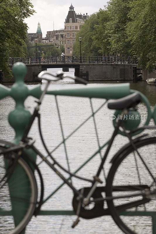 自行车锁在阿姆斯特丹运河的栅栏上