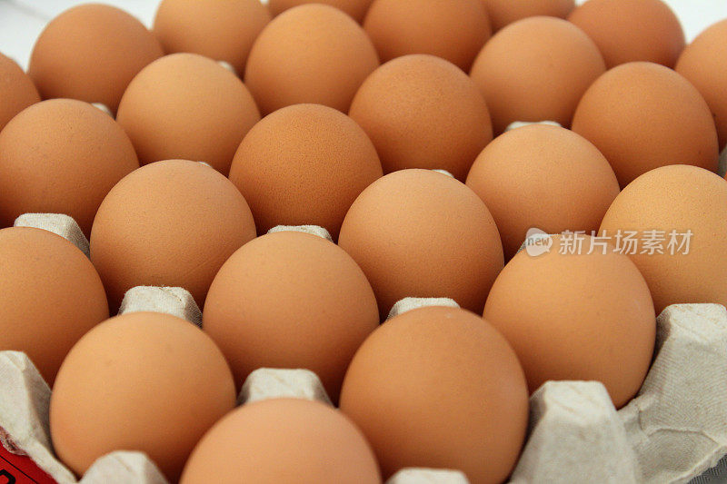 图片中的棕色自由放养鸡蛋在纸板托盘，一排排