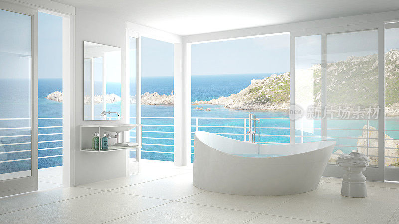 极简主义浴室，大浴缸和全景窗户，意大利室内设计，撒丁岛，圣特蕾莎Gallura