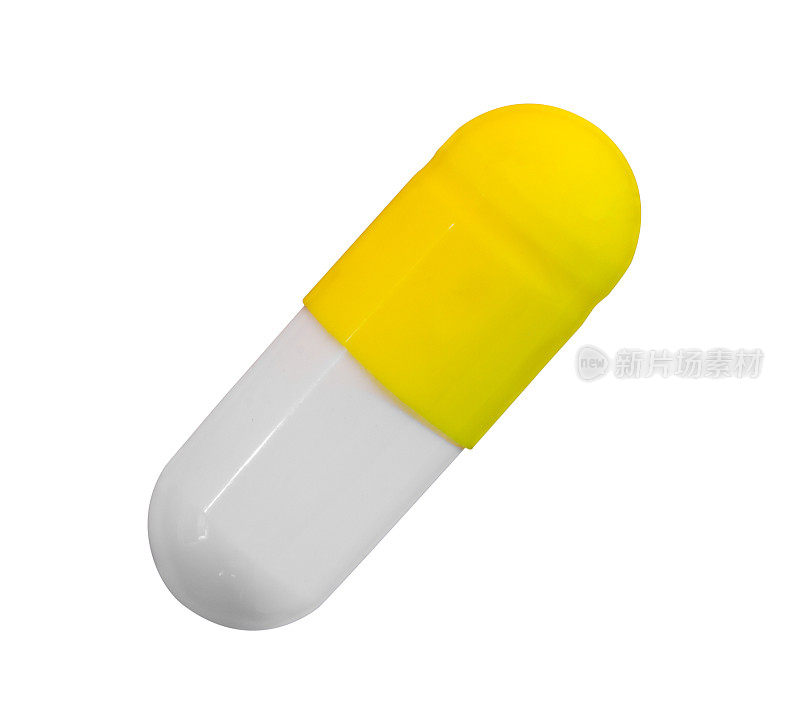 一个带有黄色帽的凝胶胶囊孤立在白色背景上，俯视图