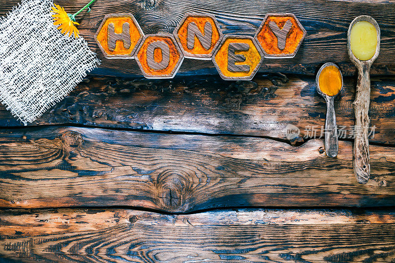 木材背景与蜂蜜标题