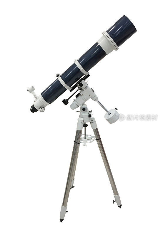 蓝色望远镜，三脚架，白色背景