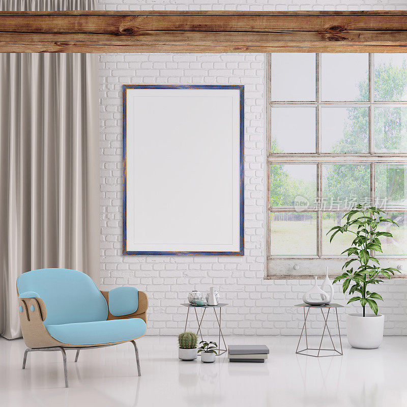 现代室内柔和的彩色扶手椅和画框模板