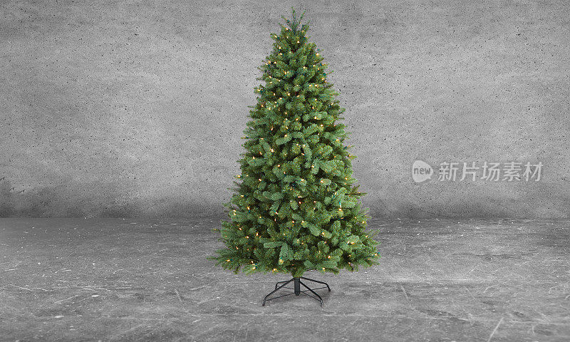 空荡荡的车库或地下室里的一棵光秃秃的圣诞树
