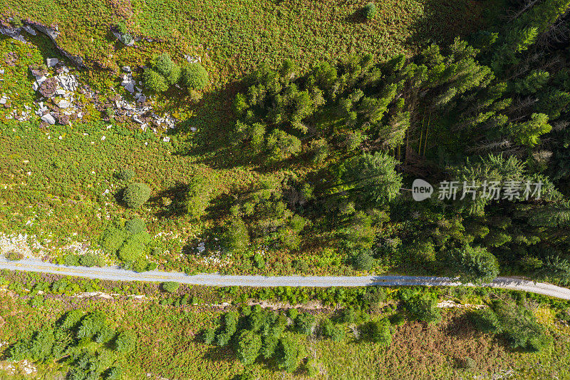 这是一架无人机俯瞰苏格兰西南部偏远地区的一条土路