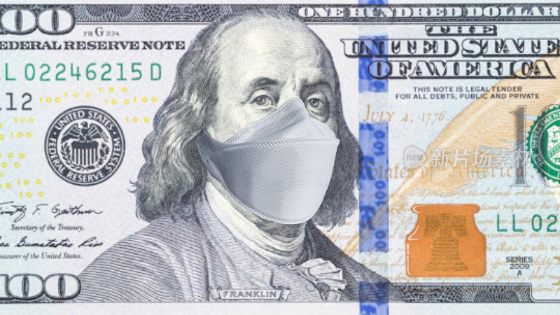 100美元纸币和一次性医用口罩。美国冠状病毒疫情的概念。冠状病毒大流行对美国经济的影响