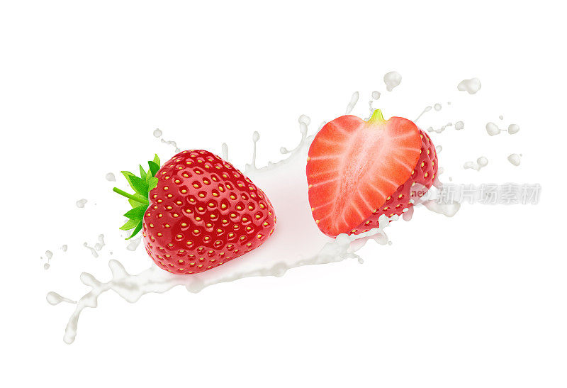 牛奶草莓飞溅孤立在白色背景。