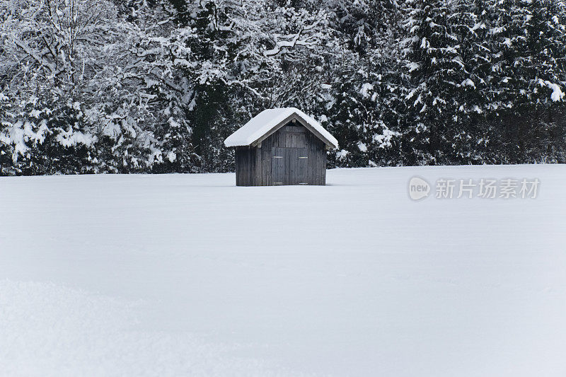 雪覆盖了谷仓和冷杉树